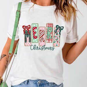 Merry Christmas Ribbon Bow Detail Holiday Graphic Tee